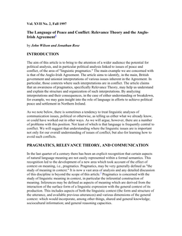 The Language of Peace and Conflict: Relevance Theory and the Anglo- Irish Agreement1 by John Wilson and Jonathan Rose