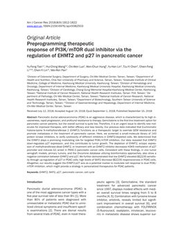 Original Article Preprogramming Therapeutic Response of PI3K/Mtor Dual Inhibitor Via the Regulation of EHMT2 and P27 in Pancreatic Cancer