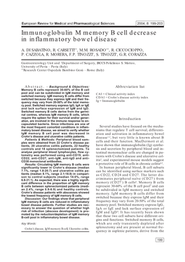 Immunoglobulin M Memory B Cell Decrease in Inflammatory Bowel Disease