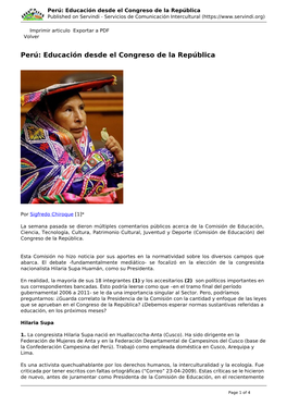 Perú: Educación Desde El Congreso De La República Published on Servindi - Servicios De Comunicación Intercultural (