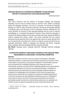 20 LANGUAGE IDEOLOGY AS a CONCEPTUAL FRAMEWORK to ANALYZE ISSUES RELATED to LANGUAGE POLICY and LANGUAGE EDUCATION Valentina