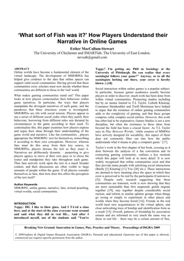 How Players Understand Their Narrative in Online Games Esther Maccallum-Stewart the University of Chichester and Smartlab, the University of East London