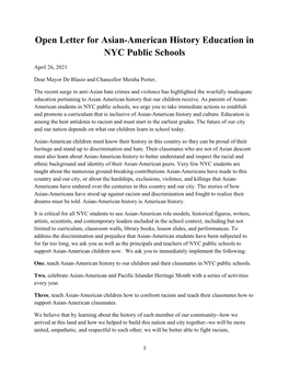 Open Letter for Asian-American History Education in NYC Public Schools