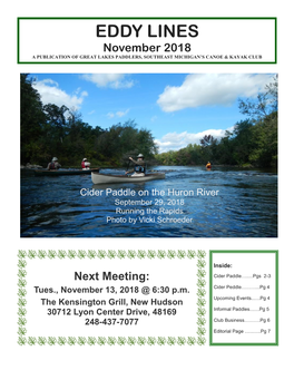 EDDY LINES November 2018 a PUBLICATION of GREAT LAKES PADDLERS, SOUTHEAST MICHIGAN’S CANOE & KAYAK CLUB