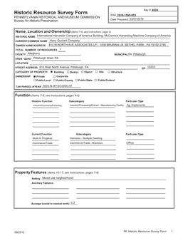 Historic Resource Survey Form ER# 2018-1595-003 PENNSYLVANIA HISTORICAL and MUSEUM COMMISSION 03/07/2018 Bureau for Historic Preservation �����������