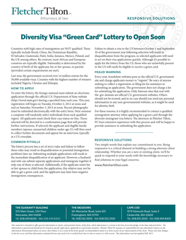 Diversity Visa “Green Card” Lottery to Open Soon