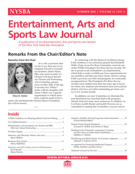 Entertainment, Arts and Sports Law Journal a Publication of the Entertainment, Arts and Sports Law Section of the New York State Bar Association