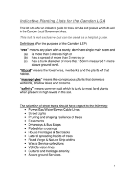 Indicative Planting Lists for the Camden LGA