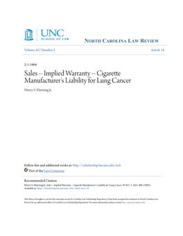 Sales -- Implied Warranty -- Cigarette Manufacturer's Liability for Lung Cancer Henry S