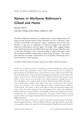 Names in Marilynne Robinson's &lt;I&gt;Gilead&lt;/I&gt; and &lt;I&gt;Home&lt;/I&gt;