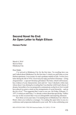 Second Novel No End: an Open Letter to Ralph Ellison