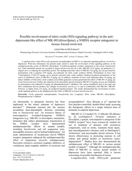 Possible Involvement of Nitric Oxide (NO) Signaling Pathway in the Anti- Depressant-Like Effect of MK-801(Dizocilpine), a NMDA R