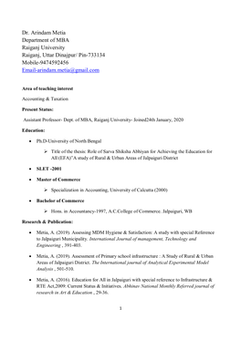 Dr. Arindam Metia Department of MBA Raiganj University Raiganj, Uttar Dinajpur/ Pin-733134 Mobile-9474592456 Email-Arindam.Metia@Gmail.Com