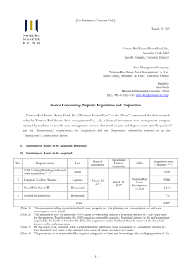 Notice Concerning Property Acquisition and Disposition