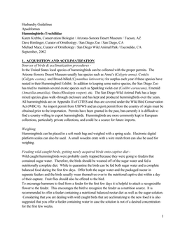 1 Husbandry Guidelines Apodiformes Hummingbirds-Trochilidae Karen