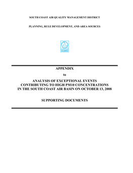 APPENDIX to ANALYSIS of EXCEPTIONAL EVENTS CONTRIBUTING to HIGH PM10 CONCENTRATIONS in the SOUTH COAST AIR BASIN on OCTOBER 13, 2008