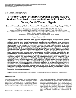 Characterization of Staphylococcus Aureus Isolates Obtained from Health Care Institutions in Ekiti and Ondo States, South-Western Nigeria