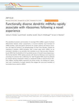 Functionally Diverse Dendritic Mrnas Rapidly Associate with Ribosomes Following a Novel Experience