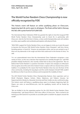 The World Fischer Random Chess Championship Is Now Officially Recognized by FIDE