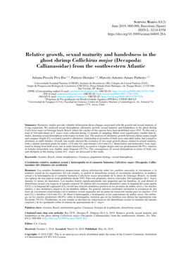 Relative Growth, Sexual Maturity and Handedness in the Ghost Shrimp Callichirus Major (Decapoda: Callianassidae) from the Southwestern Atlantic