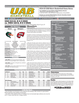 Basketball 2014-15 UAB Men’S Basketball Game Notes Tray Littlefield, Associate Athletics Media Relations Director 1720 2Nd Ave