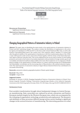 Changing Geographical Patterns of Automotive Industry in Poland