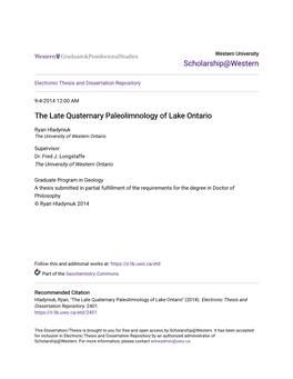 The Late Quaternary Paleolimnology of Lake Ontario