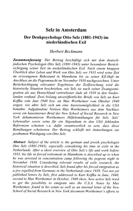 Der Denkpsychologe Otto Selz (1881-1943) Im Niederländischen Exil