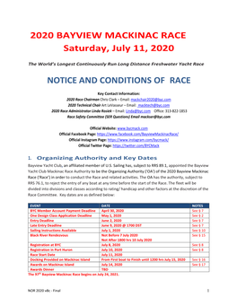 2020 BAYVIEW MACKINAC RACE Saturday, July 11, 2020 NOTICE