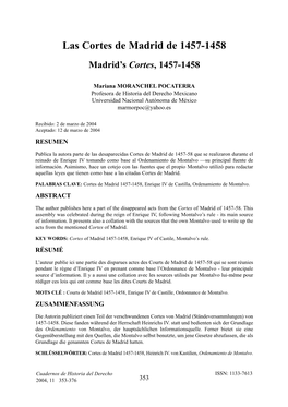 Las Cortes De Madrid De 1457-1458 Madrid’S Cortes, 1457-1458