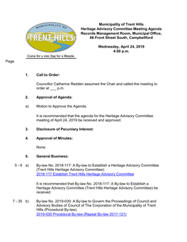 Heritage Advisory Committee Meeting Agenda Records Management Room, Municipal Office, 66 Front Street South, Campbellford