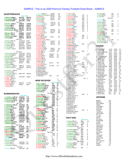 SAMPLE – This Is My 2005 Premium Fantasy Football Team Depth Chart – SAMPLE