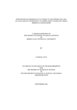 Perceptions of Democracy in Turkey in the Period 1945-1960: an Analysis of Letters Sent to Ahmet Emin Yalman by Urban Middle-Class Readers