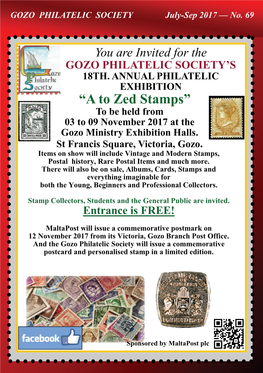 “A to Zed Stamps” to Be Held from 03 to 09 November 2017 at the Gozo Ministry Exhibition Halls