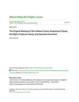 The Original Meaning of the Habeas Corpus Suspension Clause, the Right of Natural Liberty, and Executive Discretion