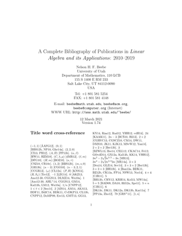 A Complete Bibliography of Publications in Linear Algebra and Its Applications: 2010–2019