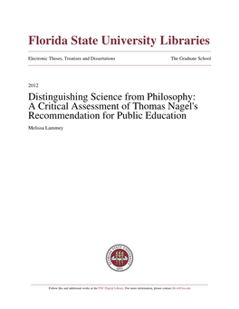 Distinguishing Science from Philosophy: a Critical Assessment of Thomas Nagel's Recommendation for Public Education Melissa Lammey