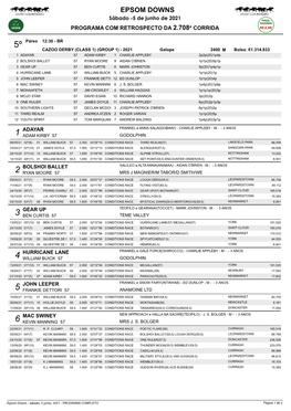 EPSOM DOWNS Sábado -5 De Junho De 2021 PROGRAMA COM RETROSPECTO DA 2.708ª CORRIDA