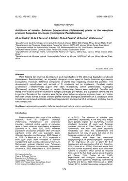 Antibiosis of Tomato, Solanum Lycopersicum (Solanaceae) Plants to the Asopinae Predator Supputius Cincticeps (Heteroptera: Pentatomidae)