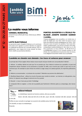 La Mairie Vous Informe CONSEIL MUNICIPAL PORTES OUVERTES À L’ÉCOLE PU- Samedi 20 Mars À 9H30 Salle Tariec