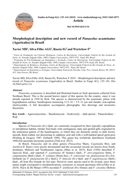Morphological Description and New Record of Panaeolus Acuminatus (Agaricales) in Brazil