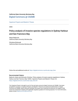 Policy Analysis of Invasive Species Regulations in Sydney Harbour and San Francisco Bay