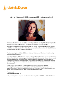 Anna Höglund Tilldelas Astrid Lindgren-Priset