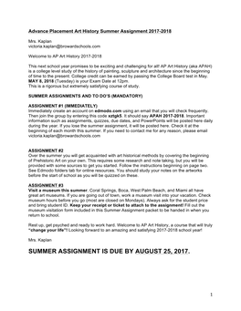 Summer Assignment Is Due by August 25, 2017