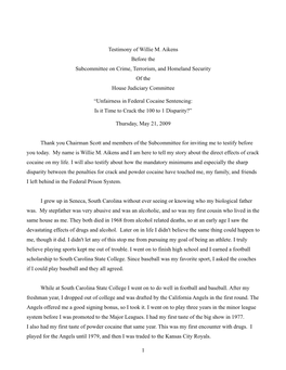 1 Testimony of Willie M. Aikens Before the Subcommittee on Crime, Terrorism, and Homeland Security of the House Judiciary Commi