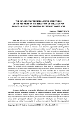 The Influence of the Ideological Structures of the Red Army on the Territory of Ukraine Upon Romanian Servicemen During the Second World War