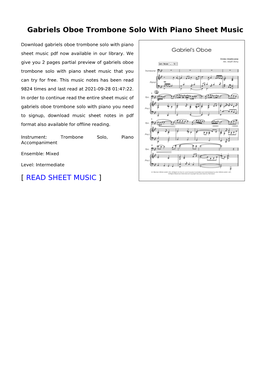 Sheet Music of Gabriels Oboe Trombone Solo with Piano You Need to Signup, Download Music Sheet Notes in Pdf Format Also Available for Offline Reading