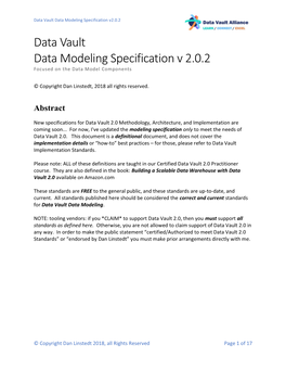 Data Vault Data Modeling Specification V 2.0.2 Focused on the Data Model Components