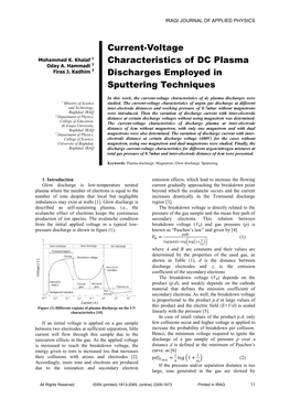 Current-Voltage Characteristics of DC Plasma Discharges Employed In