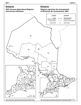 Ontario Ontario 2001 Census Agricultural Regions Régions Agricoles De Recensement and Census Divisions Et Divisions De Recensement, 2001